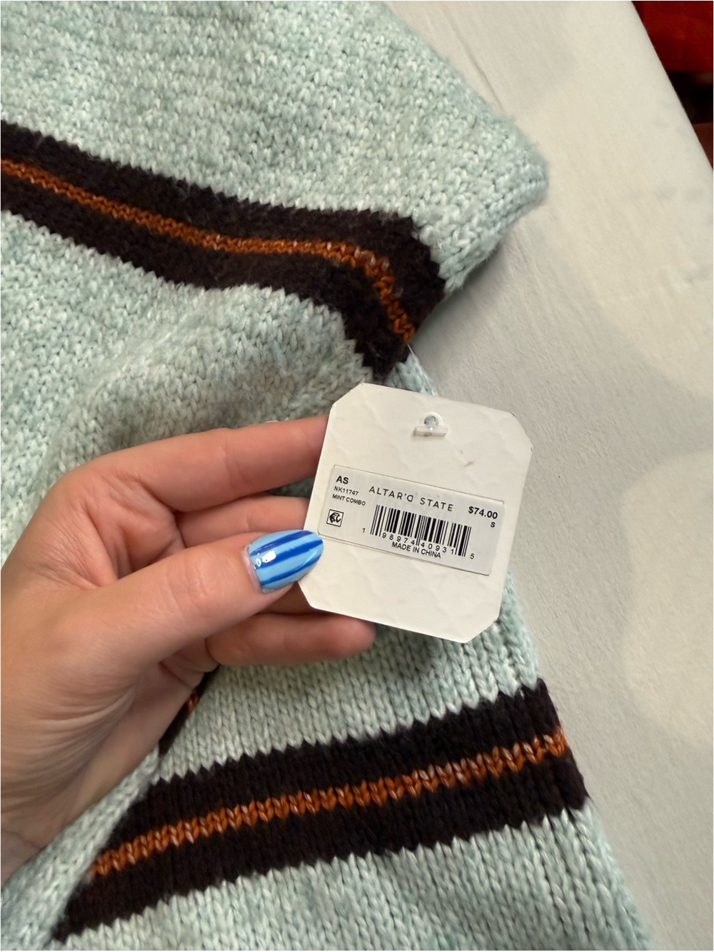 Striped Crewneck Sweater in Light Mint and Brown - Picture 5 of 5